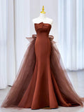 Brown Mermaid Satin Tulle Long Prom Dress, Brown Long Evening Dress HZ0427