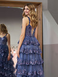 Elegant Ball Gown Sweetheart With Lace Strap Navy Blue Long Pleated Ruffles Slit Prom Dresses Vestidos De Dia HZ0311