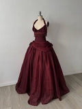 Vintage Burgundy Ball Gown Halter Beaded Satin Long Prom Dress Evening Outfits Formal Dress HZ0311