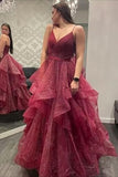 Ball Gown Spaghetti Straps Ruffled Long Prom Dress Burgundy Prom Dresses Birthday Gowns HZ0311