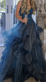 Ball Gown Blue V-neck Tulle Appliques Sequins Long Prom Dress Spaghetti Strap Evening Dress Birthday Gowns HZ0311