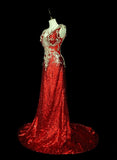Vintage A line V Neck Red Sequin With Gold Appliques Bodice College Formal Outfit Long Prom Graduation Dresses For Teens HZ0311