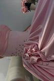 Gorgeous Baby Pink Sweetheart Satin Prom Dresses Sleeveless High Slit Gem With Pleats Vestidos De Dia HZ0311