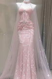 Vintage Mermaid Halter Sequins Pink Long Prom Dresses For High School People Girls Formal Evening Party Gown HZ0311