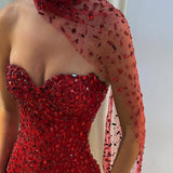 Gorgeous Red Sweetheart Mermaid Prom Dresses Sleeveless Strapless With Gem Party Gown HZ0311