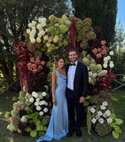 Modest Mermaid Cowl Neck Light Sky Blue Satin Prom Dress Long Party Gowns Evening Dresses HZ0311