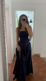 Simple A Line Strapless Navy Blue Satin Prom Dress Inspo Aesthetic For Teens Formal Dresses Party Outfits Prom Gown HZ0311