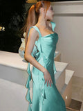 Classy Satin Backless Maxi Dress Tassels Sexy Sleeveless Prom Dresses Formal Dress HZ0311