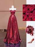 Elegant A Line Sweetheart Burgundy Sequined Evening Women Party Dresses Long Formal Prom Dress 18th Birthday Gown HZ0311