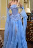 Classy A Line Strapless Blue Chiffon Beaded Prom Dresses Formal Dress 20th Birthday Outfits Prom Gown HZ0311
