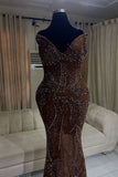 Elegant Sparkle Brown Mermaid Court Train V-neck Sleeveless Prom Dresses For Women HZ0311