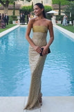Pretty Mermaid Strapless Long Yellow Sequin Satin Party Dresses Prom Dresses Graduation Gown HZ0311