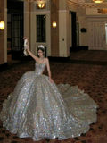 Timeless Ball Gown Strapless Silver Sequin Long Prom Dresses Inspiration Party Dress Prom Gowns HZ0311
