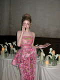 Modest Mermaid Hot Pink Strapless Floral Prom Dress Aesthetic Long Graduation Dance Evening Outfits HZ0311