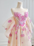 Princess Ball Gown Strapless Champagne Tulle With Lace Long Prom Dresses Inspiration Party Gowns HZ0311