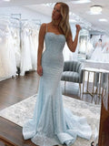 Shiny Royal Blue Mermaid Spaghetti Straps Long Beaded Prom Dress Party Gowns HZ0311