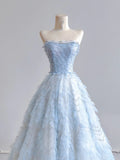 Timeless Ball Gown Strapless Light Sky Blue Tulle Long Prom Dresses Inspiration Party Gowns HZ0311