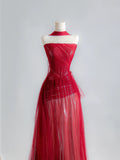 Simple A Line Strapless Red With Scarf Prom Dresses Long Evening Formal Gown BirthdayParty Gowns HZ0311