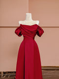 Gorgeous A line Off The Shoulder Burgundy Satin With Short Sleeves Formal Evening Dress Gowns Long Prom Dresses HZ0311