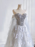 Timeless Ball Gown Sweetheart Silver Sequin With Beaded Feathers Long Prom Dresses Inspiration Party Dress Prom Gowns HZ0311