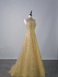 Sparkly Ball Gown High Neck Yellow Sequins Senior Prom Dresses High School Long Formal Dress HZ0311