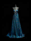 Modest A line One Shoulder Blue College Formal Outfit Long Prom Graduation Dresses For Teens HZ0311