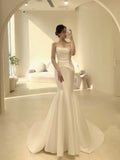 Elegant Wedding Dresses Mermaid Strapless Satin White Sleeveless Brides Dress Fitted Bridal Gowns HZ0311