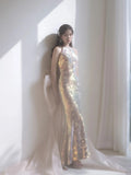 Simple Mermaid Scoop Sequin Long Prom Dresses With Bow Formal Gowns Inspo Evening Outfit HZ0311