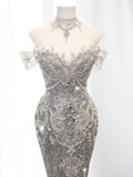 Fairytale Fantasy Art Wedding Dresses Mermaid Off The Shoulder White Sequin With Beaded Bodice Long Brides Dress Fitted Bridal Gowns HZ0311