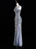 Chic Mermaid Spaghetti Strap Silver Gray Sequins Senior Prom dresses High School Long Formal Dresses HZ0311