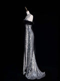 Sparkly Mermaid Strapless Grey Sequin Sleeveless Long Prom Dress For Women Girls Evening Dresses HZ0311