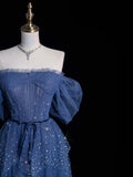 Modest A Line Off The Shoulder Navy Blue Tulle Prom Dresses With Sleeves Inspiration Party Gowns Princess Formal Dress HZ0311
