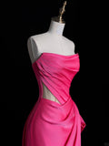 Simple Mermaid Strapless Pink Satin Pleated With Satin Long Prom Dresses Formal Gowns HZ0311