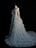 Modest Ball Gown Off The Shoulder Blue Tulle With Tiered Layers College Formal Outfits Long Prom Inspo Graduation Dresses HZ0311