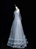 Beautiful Ball Gown Spaghetti Strap Blue Tulle Long Prom Dresses Inspiration Evening Gowns Formal Dress HZ0311