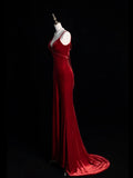 Modest Mermaid Spaghetti Strap Burgundy Velvet Sleeveless Long Prom Dress For Women Girls Evening Dresses HZ0311