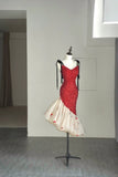 Modest Mermaid Spaghetti Strap Red Sequins College Formal Sweet 16 Outfits Short Prom Dresses For Teens HZ0311