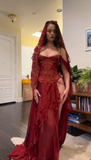 Sexy Burgundy Off Shoulder Sheath Split Long Party Dress Birthday Outfits, HZ0427