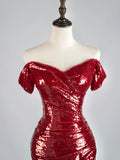 Gorgeous Burgundy Off The shoulder Mermaid Sequin With Short Sleeves Formal Evening Dress Gowns Prom Dresses HZ0311