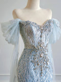 Luxurious Mermaid Off The Shoulder Light Sky Blue With Short Sleeves Prom Dresses Long Evening Formal Birthday Party Gowns HZ0311
