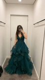 Classy Ball Gown V Neck Dark Green Tulle Appliques Prom Dresses Party Dress Long Evening Dresses HZ0311