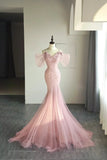 Gorgeous Mermaid Spaghetti Strap Pink Tulle Prom Dresses Sleeveless Long Formal Party Gown HZ0311