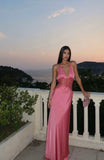 Classy Prom Dresses Inspiration Sheath Halter Pink Silky Satin Long Semi Formal Dance Grad Prom Dress For Teens High Schools HZ0311