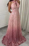 Elegant Halter High Open Sequin Bead Fishtail Skirt Pink Prom Formal Dresses HZ0311