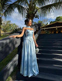 Simple A Line Sweetheart Light Sky Blue Satin With Scarf Long Prom Dresses Inspiration Evening Gowns For Women Formal Party Dress HZ0311