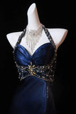 Luxury Mermaid Navy Blue Beaded Slit Evening Dress Formal Prom Dress For Party Gown HZ0311