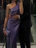 One Shoulder Purple Satin Mermaid Long Evening Prom Dresses HZ0311