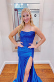 Strapless Royal Blue Appliques Long Prom Dress with Slit For Women HZ0311