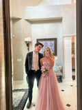 Pink A-Line Strapless Empire-Waist Appliques Tulle Long Prom Dress Party Dresses HZ0311