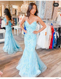 Blue Tulle Lace Party Dress Mermaid Spaghetti Straps Long Sexy Prom Dresses Evening Dress HZ0311